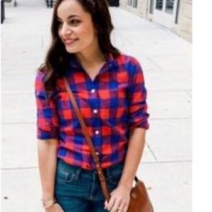 J Crew magenta and plaid button down shirt